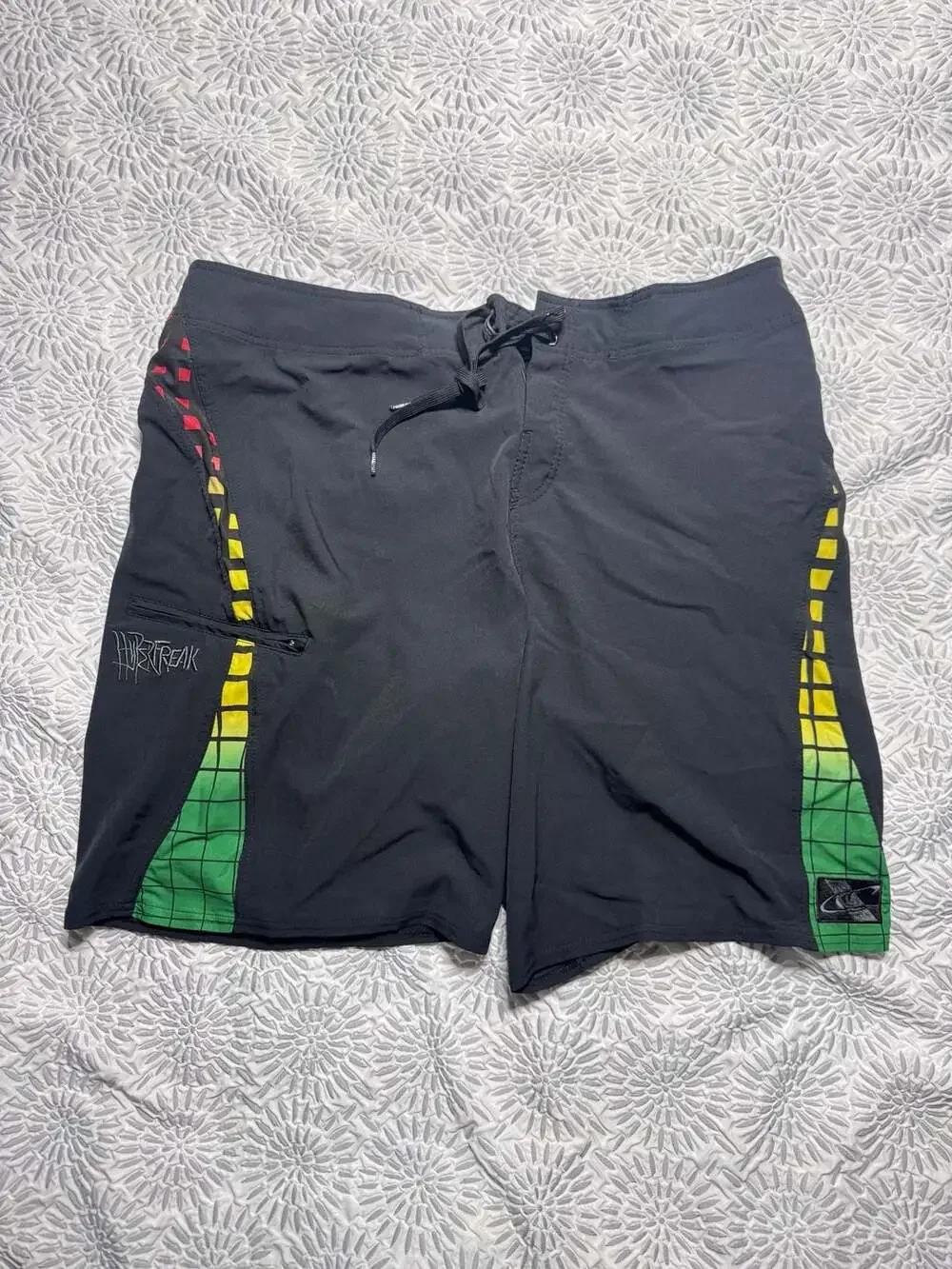O'Neill Hyperfreak Board Shorts Men's Size 38 Black Rasta Reggae Swim Trunks